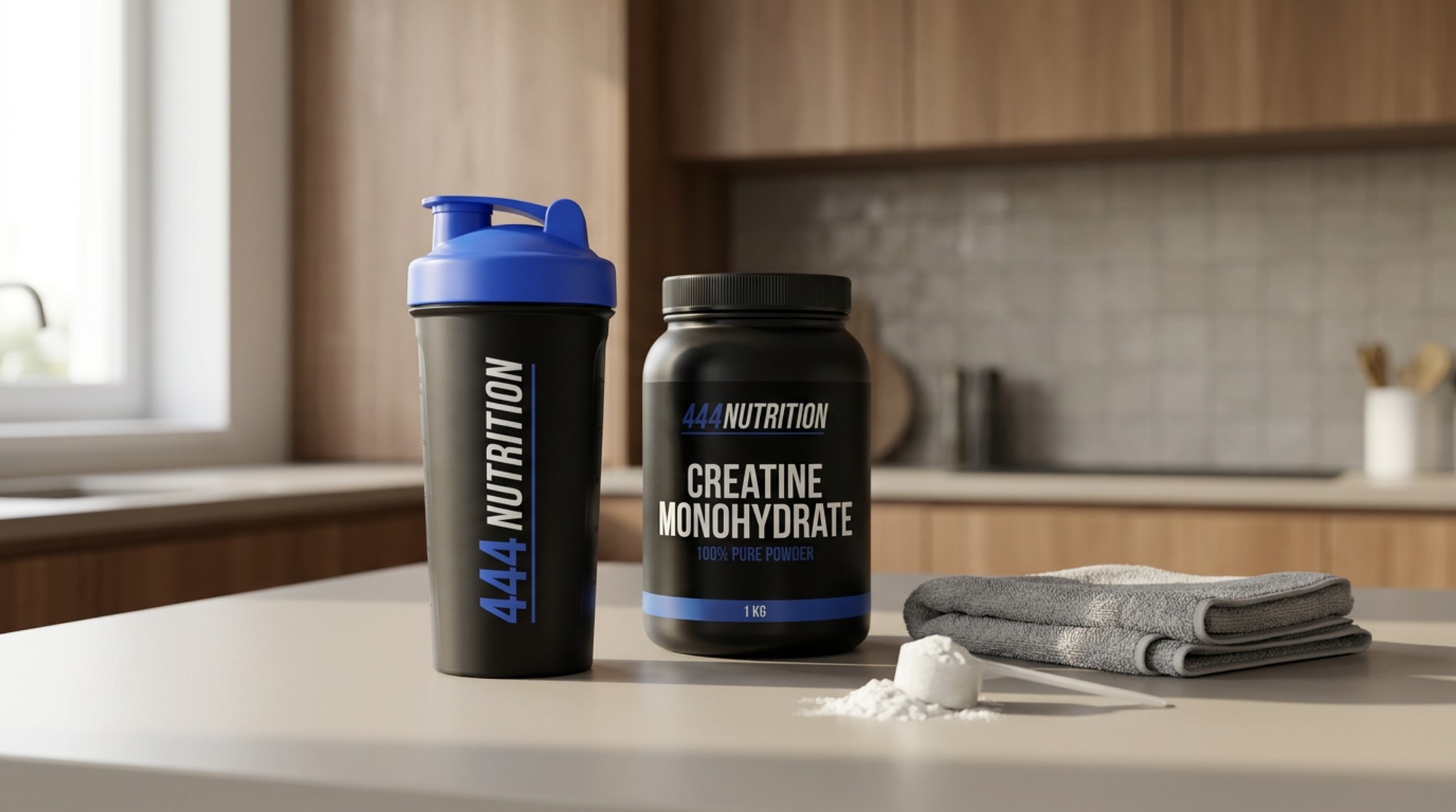 444 Nutrition shakebeker met blauwe dop naast een pot creatine monohydraat op een keukenblad